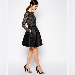 Ted Baker Elegant Black and Gold Lace bodice Dress with satin finish full skirt